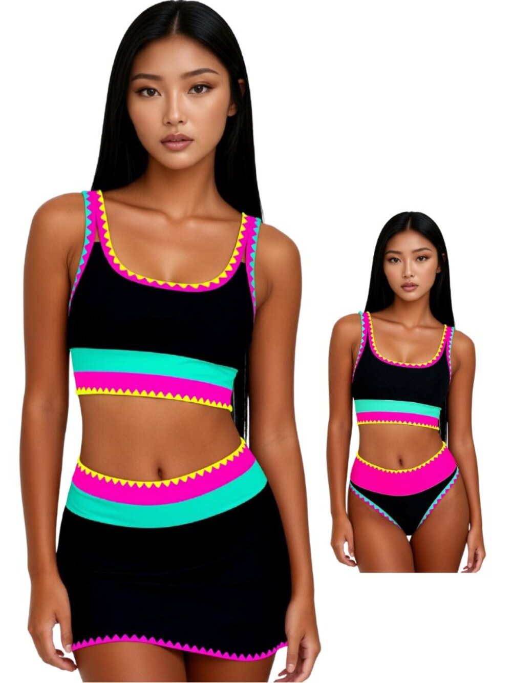 POPVIL Large Black Neon 3 Piece High Waisted Bikini with Skirt Tummy Control NWT